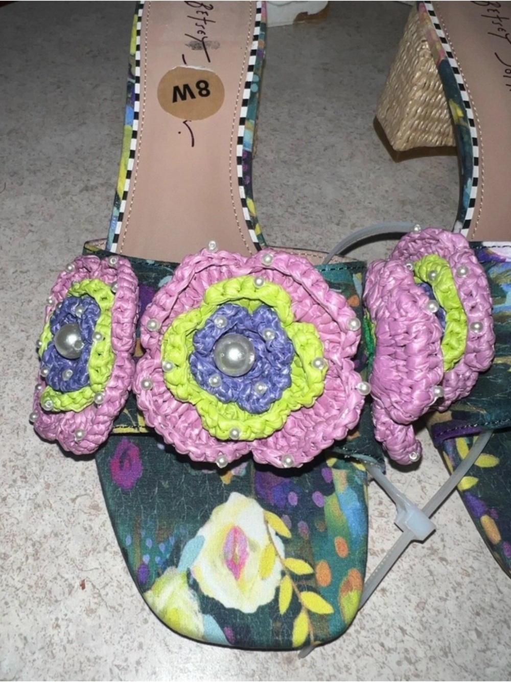 Betsey Johnson Floral & Crochet Embellished Sandals With Raffia Block Heel Size - Picture 10 of 10